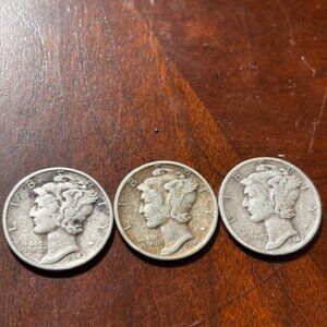 Lot of 3 Mercury Silver Dimes 1943, 1942 (2) | 90% Silver